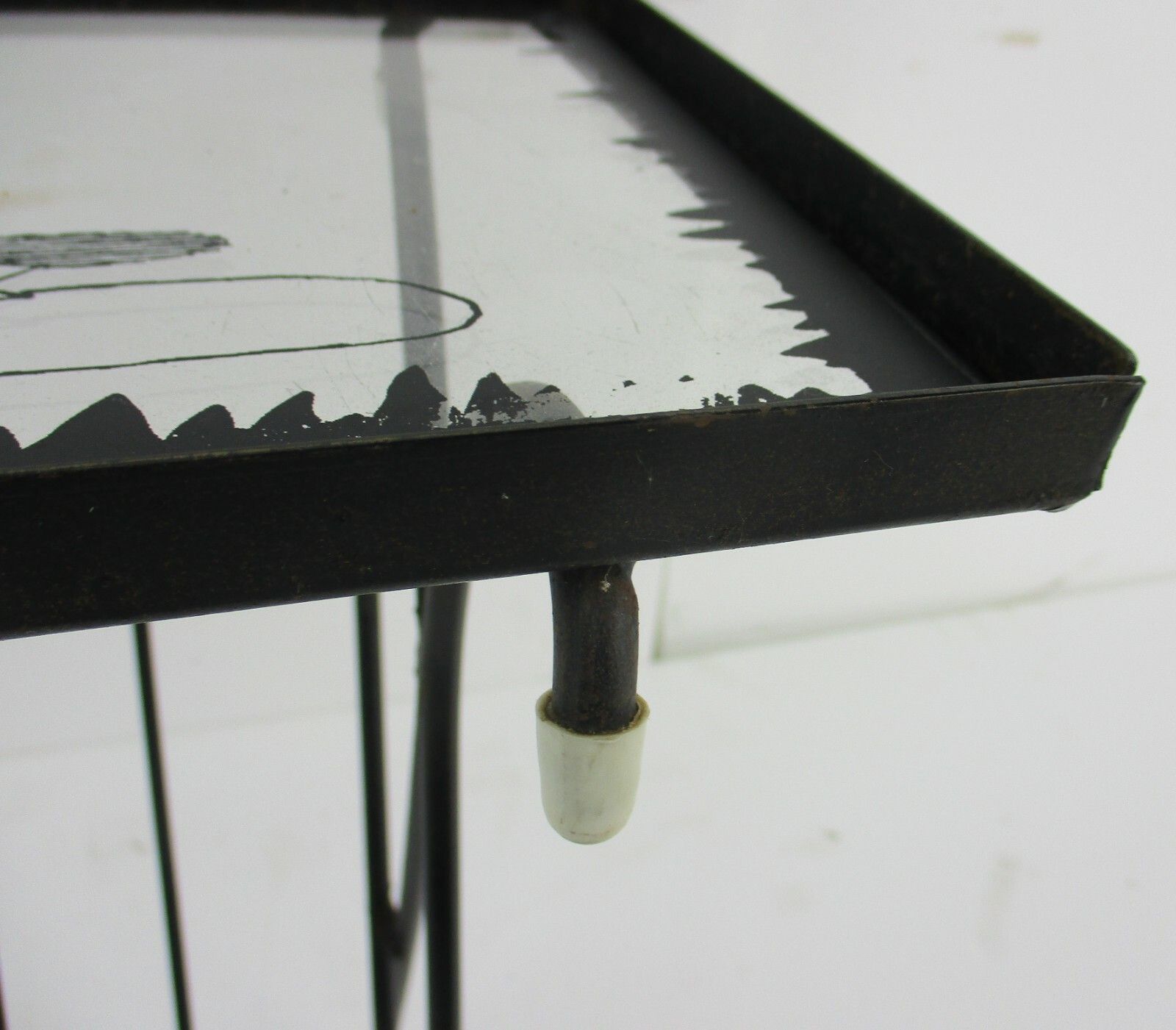 Side Table Magazine Rack  Wrought Iron Legs Glass Top Hand Painted Swans Vintage photo for sale