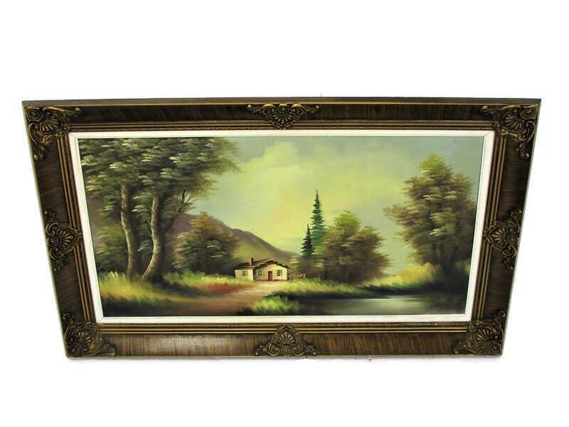 Lovely Cabin Landscape Oil Painting Canvas Framed Gorgeous Frame Signed Re Sine
