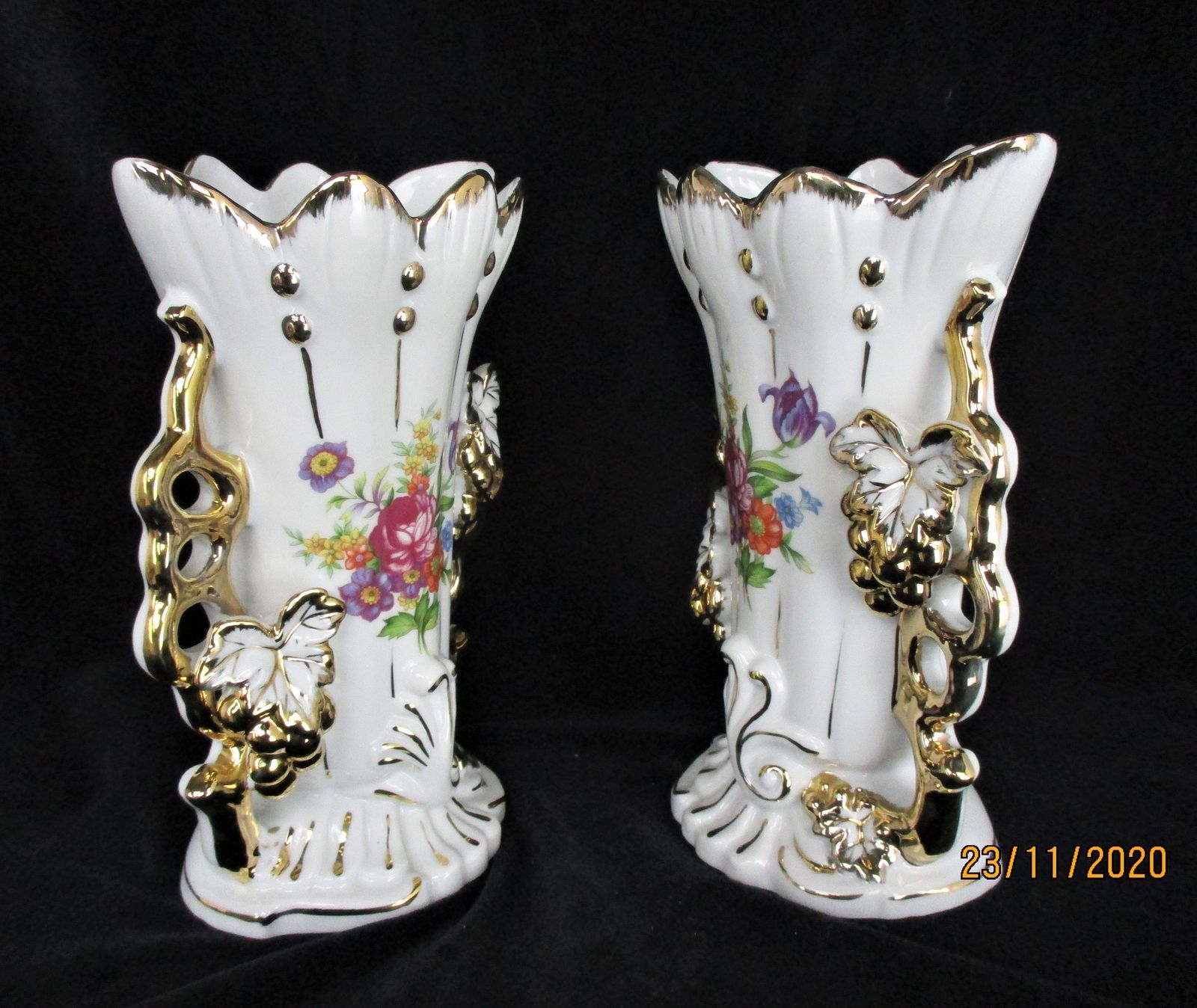 Pair Couple Vintage Porcelain Fan Flair Vases Flower Motif Beautiful Decorative photo Home Decor