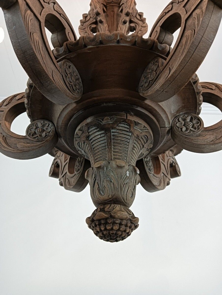 Hand Carved Ornate Wood Chandelier 6 Lights Arms Ceiling Light Lamp Mid Century photo Lighting