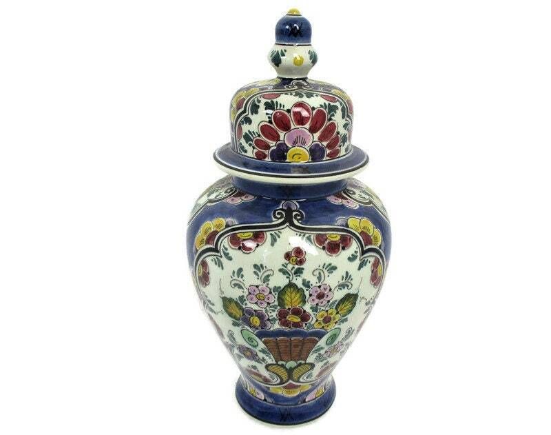 Vintage Polychrome Lidded Vase Urn Marked Regina Holland Hand Painted Beautiful