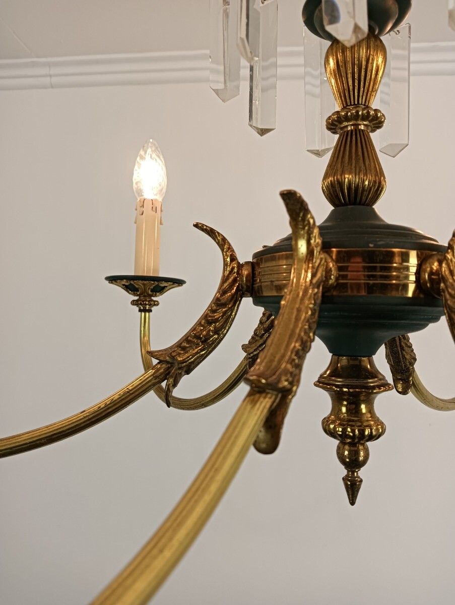 photo furniture French Empire Pan Chandelier With Prisms 6 Lights Hollywood Regency Style Vintag