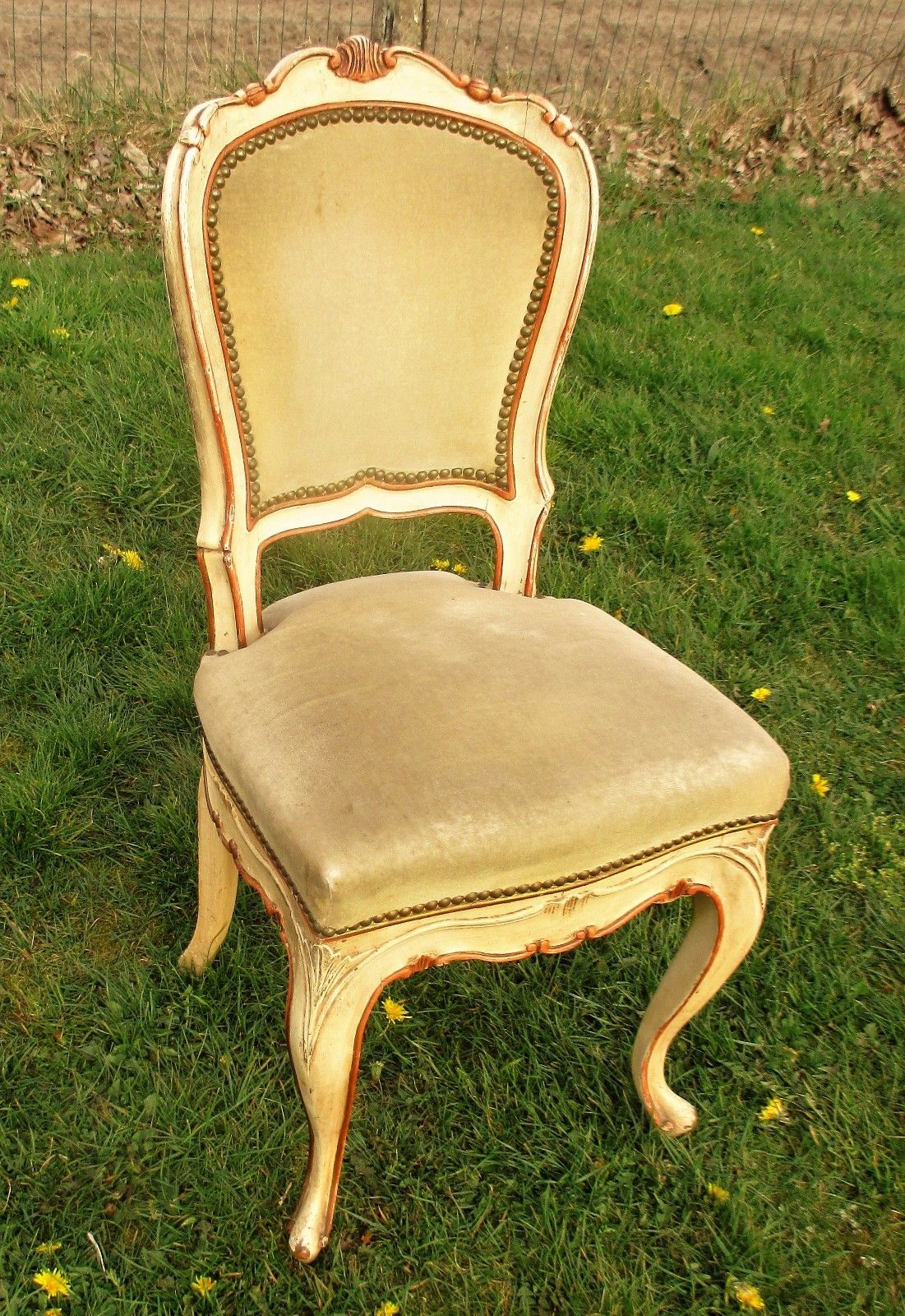 Elegant Louis Philippe Antique Chair White Beige Velvet Fabric Carved Wood