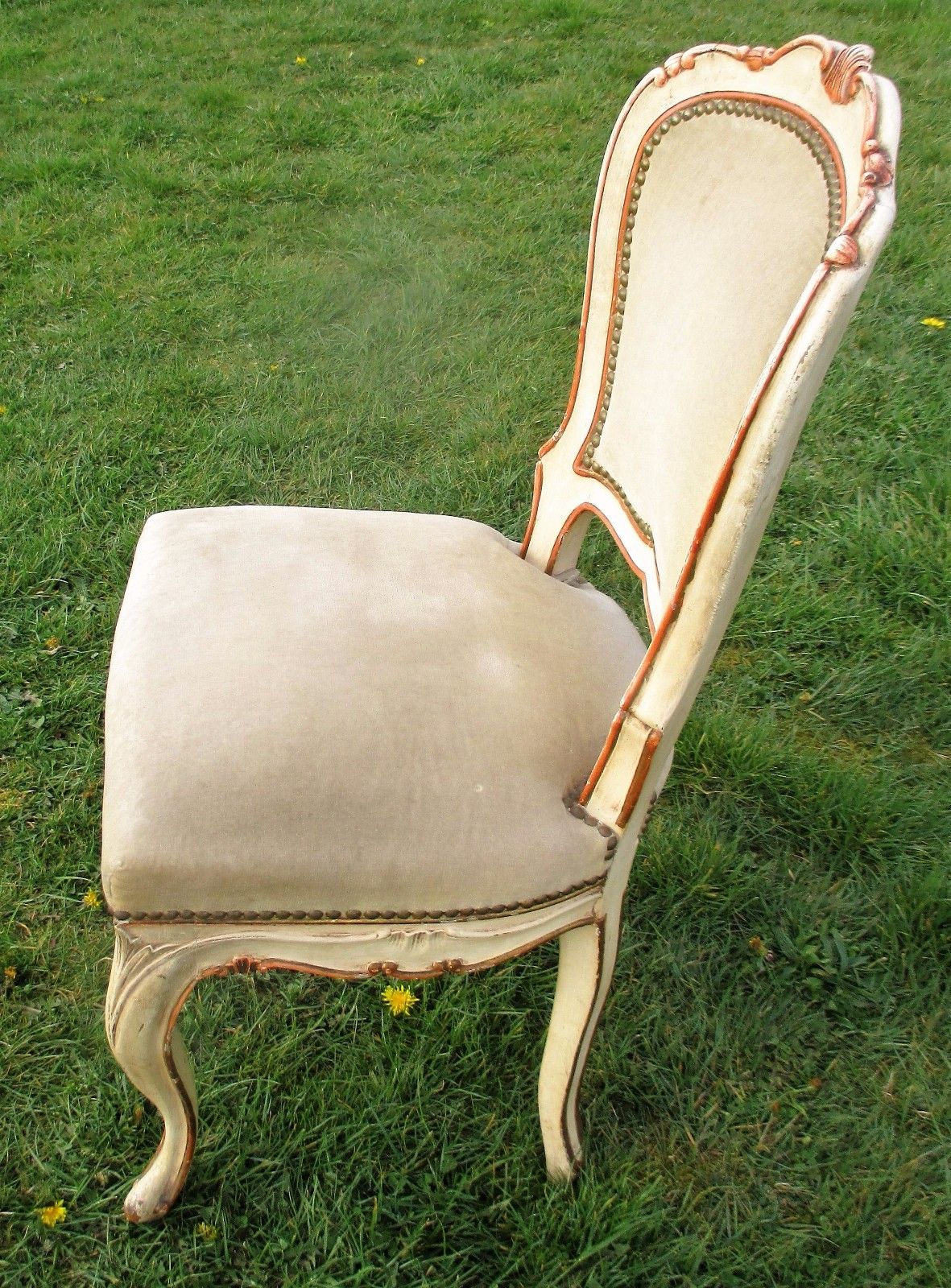 Elegant Louis Philippe Antique Chair White Beige Velvet Fabric Carved Wood photo buy