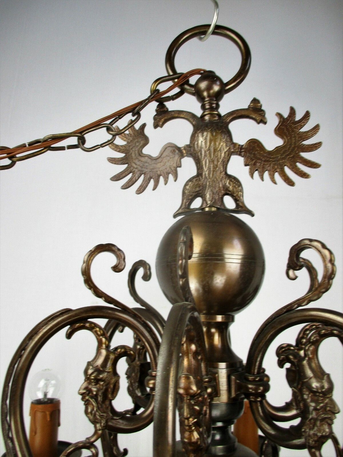 photo furniture Huge Antique Flemish Double 12 Arms Castle Chandelier Eagle Jesters Gothic Brass