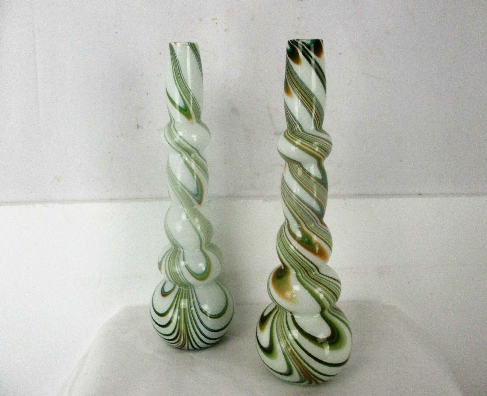 Pair Funky Cased Studio Art Glass Vases Abstract Waves Large Hooped Gorgeous