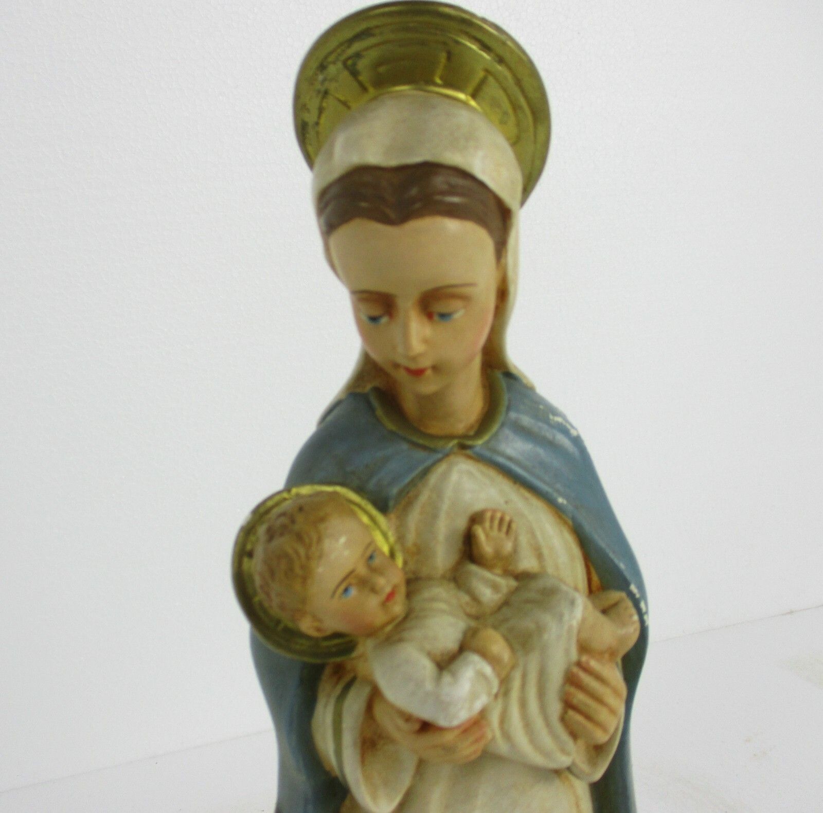 Art Deco Virgin Mary Madonna Infant Child Plaster Polychrome Tenderness Statue photo for sale
