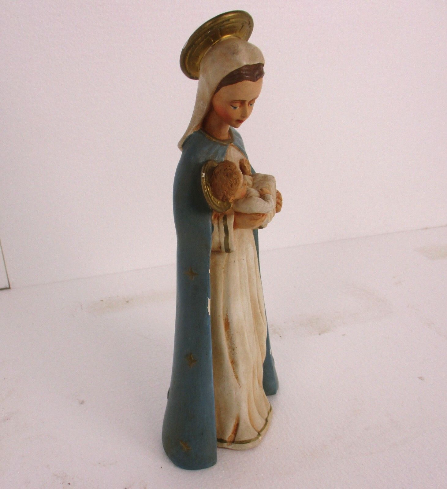 Art Deco Virgin Mary Madonna Infant Child Plaster Polychrome Tenderness Statue photo 130.0