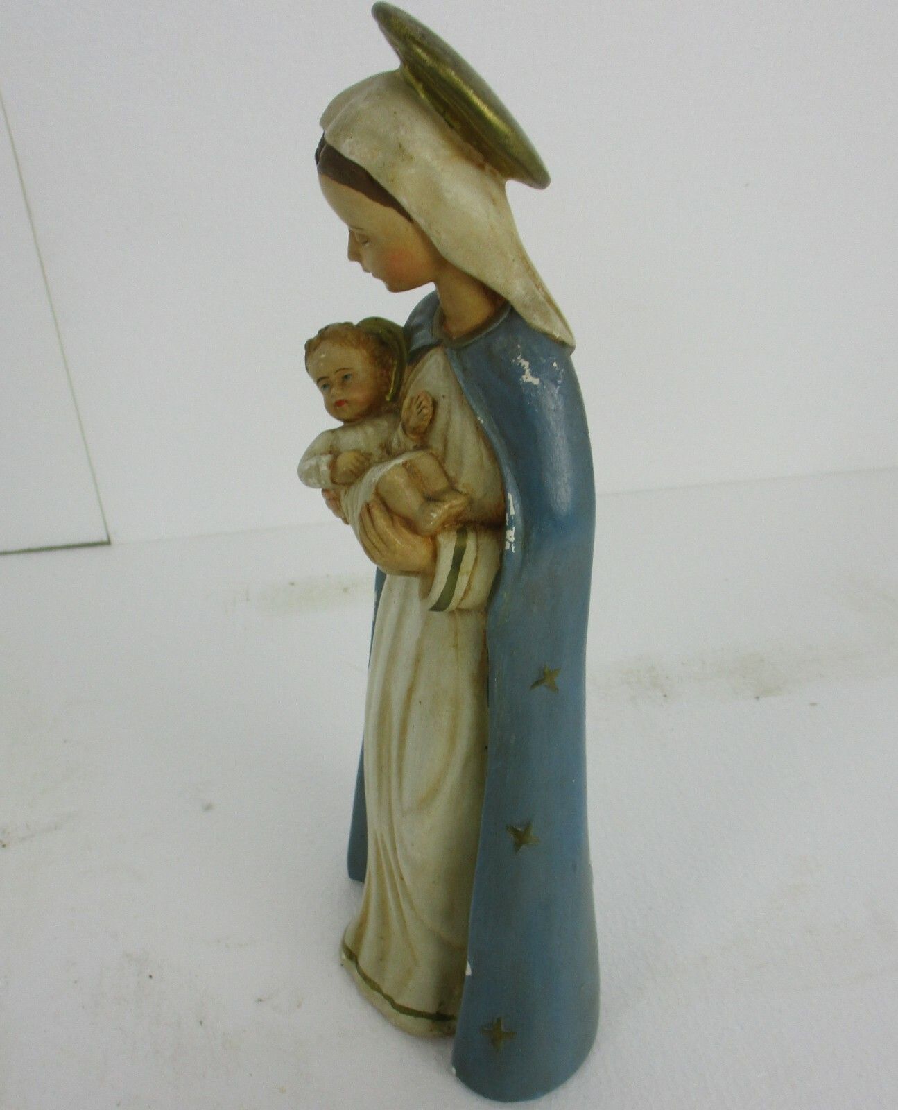 Art Deco Virgin Mary Madonna Infant Child Plaster Polychrome Tenderness Statue photo vinterior