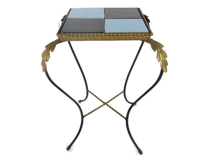 Vintage Side Table Plant Stand Mosaic Tiles Checkered  Wrought Iron