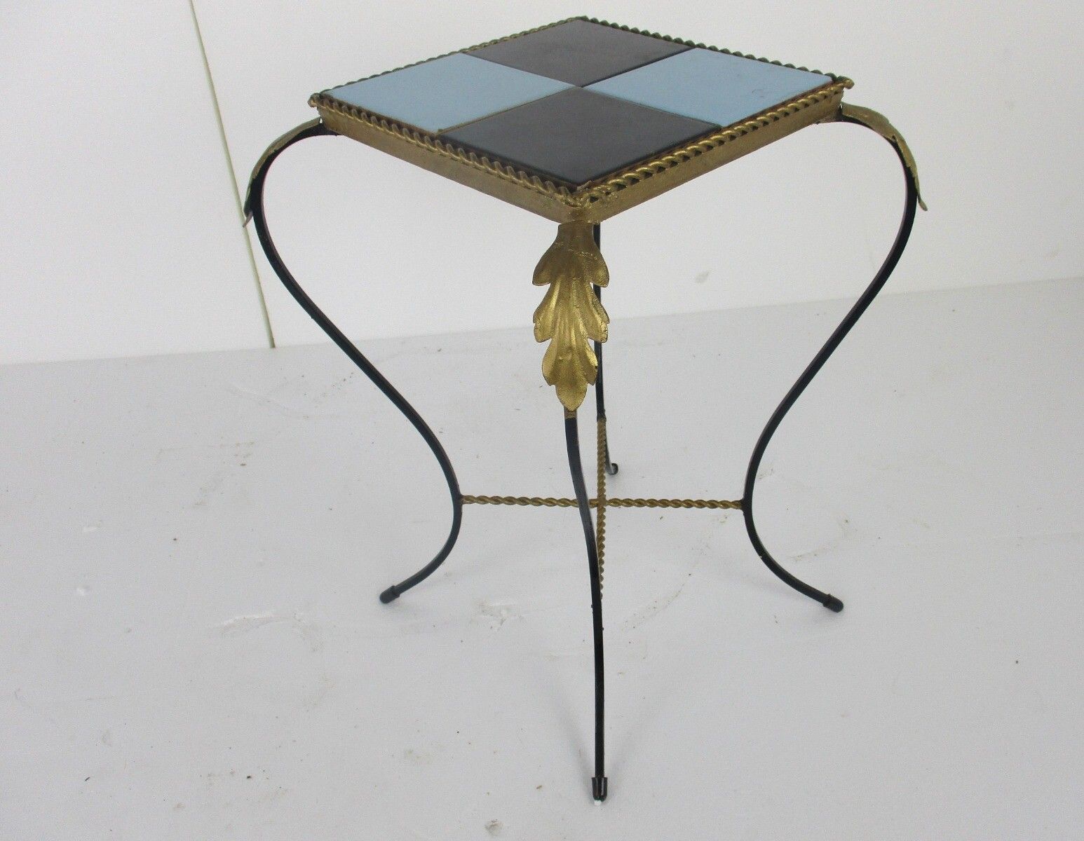 Vintage Side Table Plant Stand Mosaic Tiles Checkered  Wrought Iron photo furniture