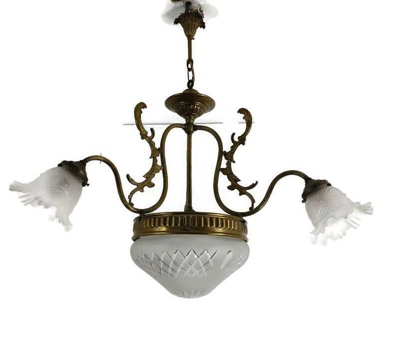 Chandelier Vintage 4 Lights 3 Arm Brass Etched Glass Shades Gorgeous  Light