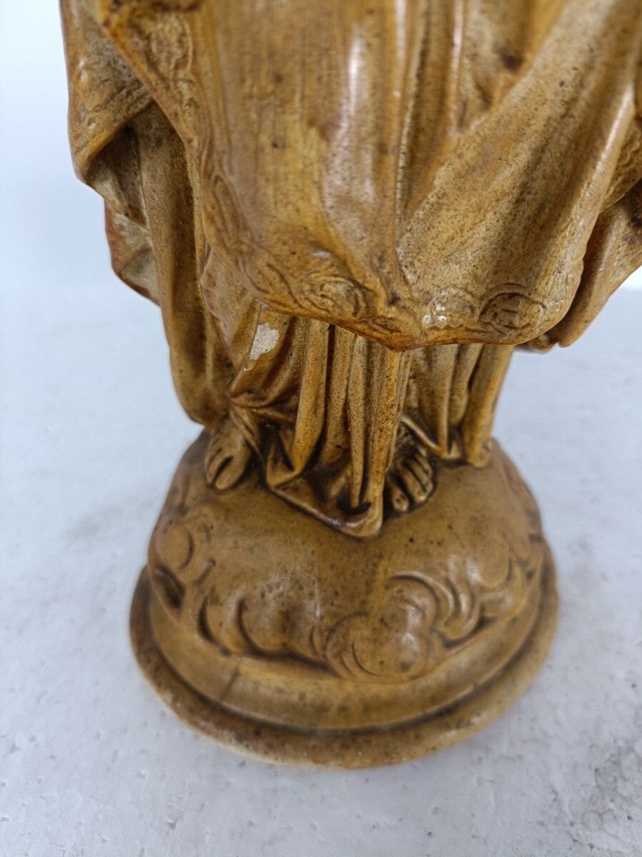 Statue Virgin Mary Infant Jesus Child Gold Brown Plaster Ornate Antique photo furniture