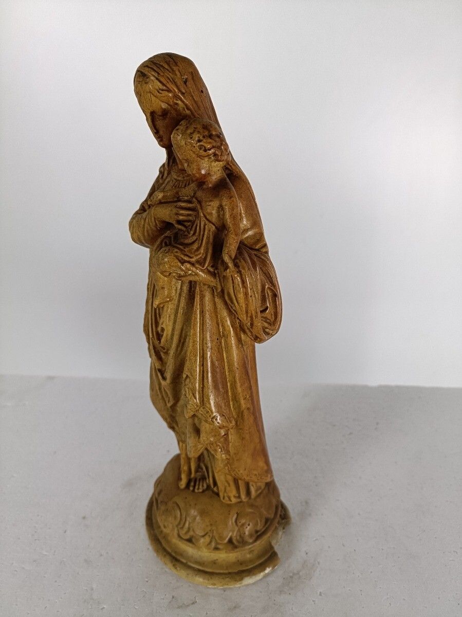 Statue Virgin Mary Infant Jesus Child Gold Brown Plaster Ornate Antique photo for sale