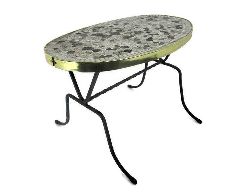 Vintage Side Table Plant Stand Mosaic Tiles Checkered Pattern Wrought Iron Funky