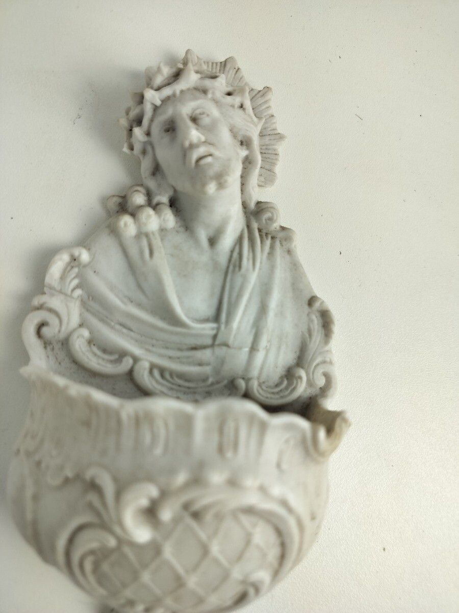 Antique Holy Water Font Vessel  Bisque Porcelain Jesus Christ Head Of Thorns photo Art