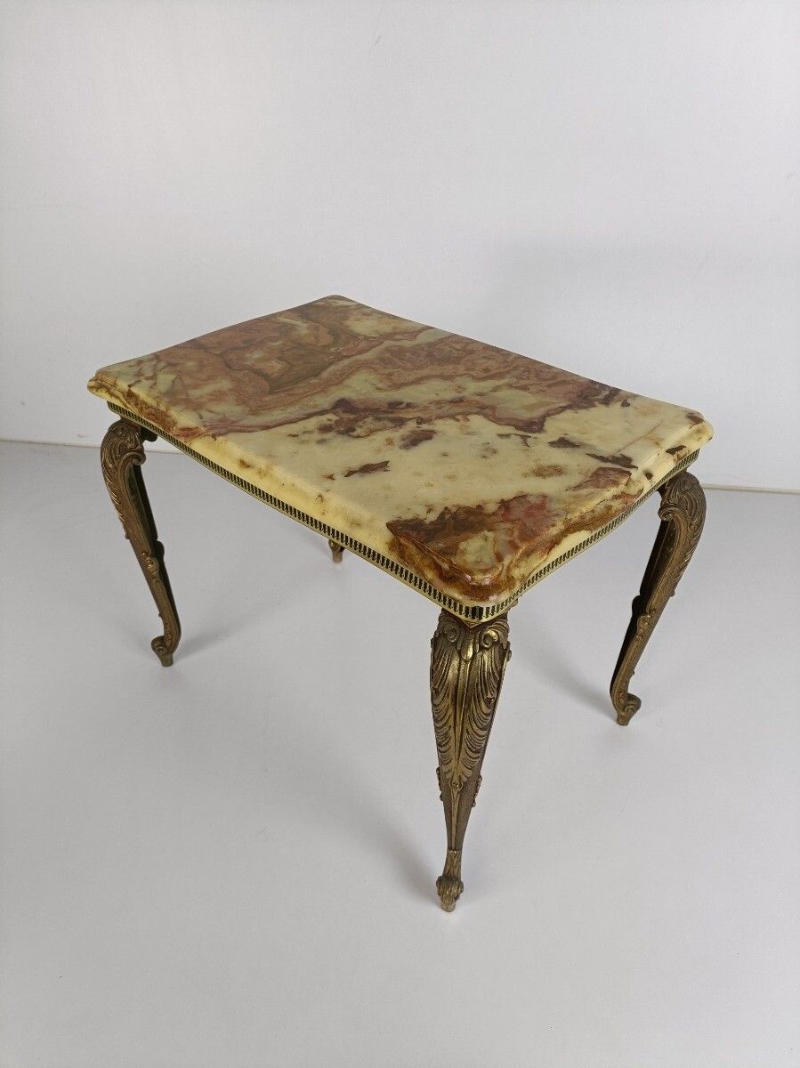 Modernist Hollywood Regency Side Occasional Coffee Wine Table Marble Top Brass O photo vinterior