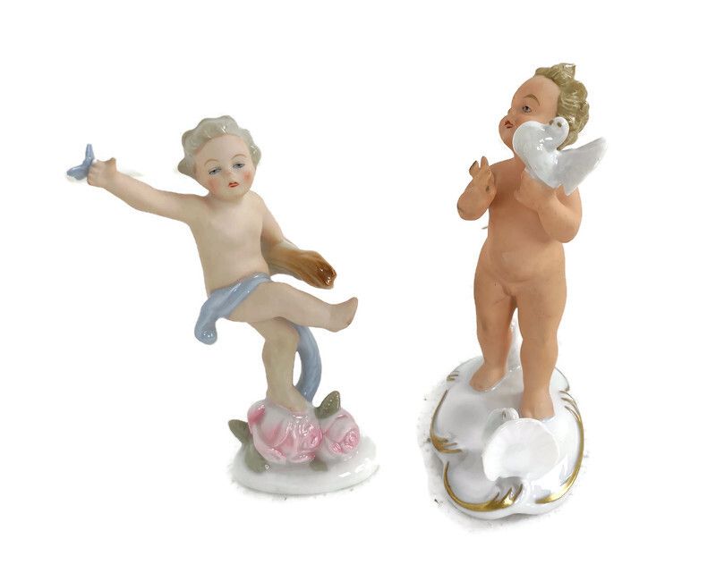 Two Figurines Bavaria West Germany Porcelain Putti With Doves Butterfly Angels L