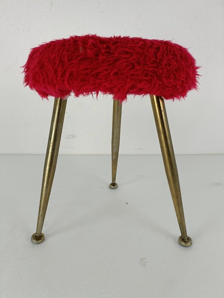 Retro Red Plush Stool Chair Retro Metal Tripod Legs Mid Century Design Brass Fun photo furniture