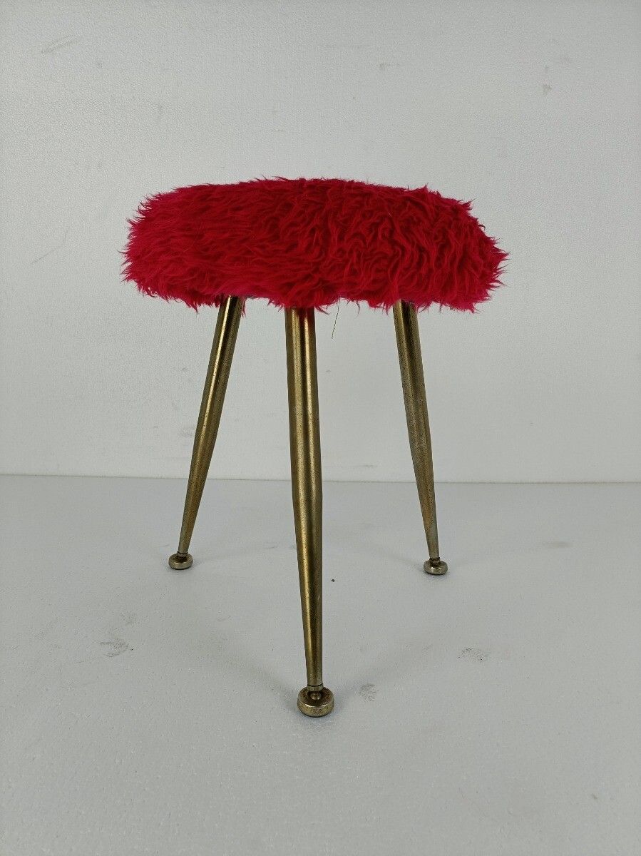Retro Red Plush Stool Chair Retro Metal Tripod Legs Mid Century Design Brass Fun photo 150.0