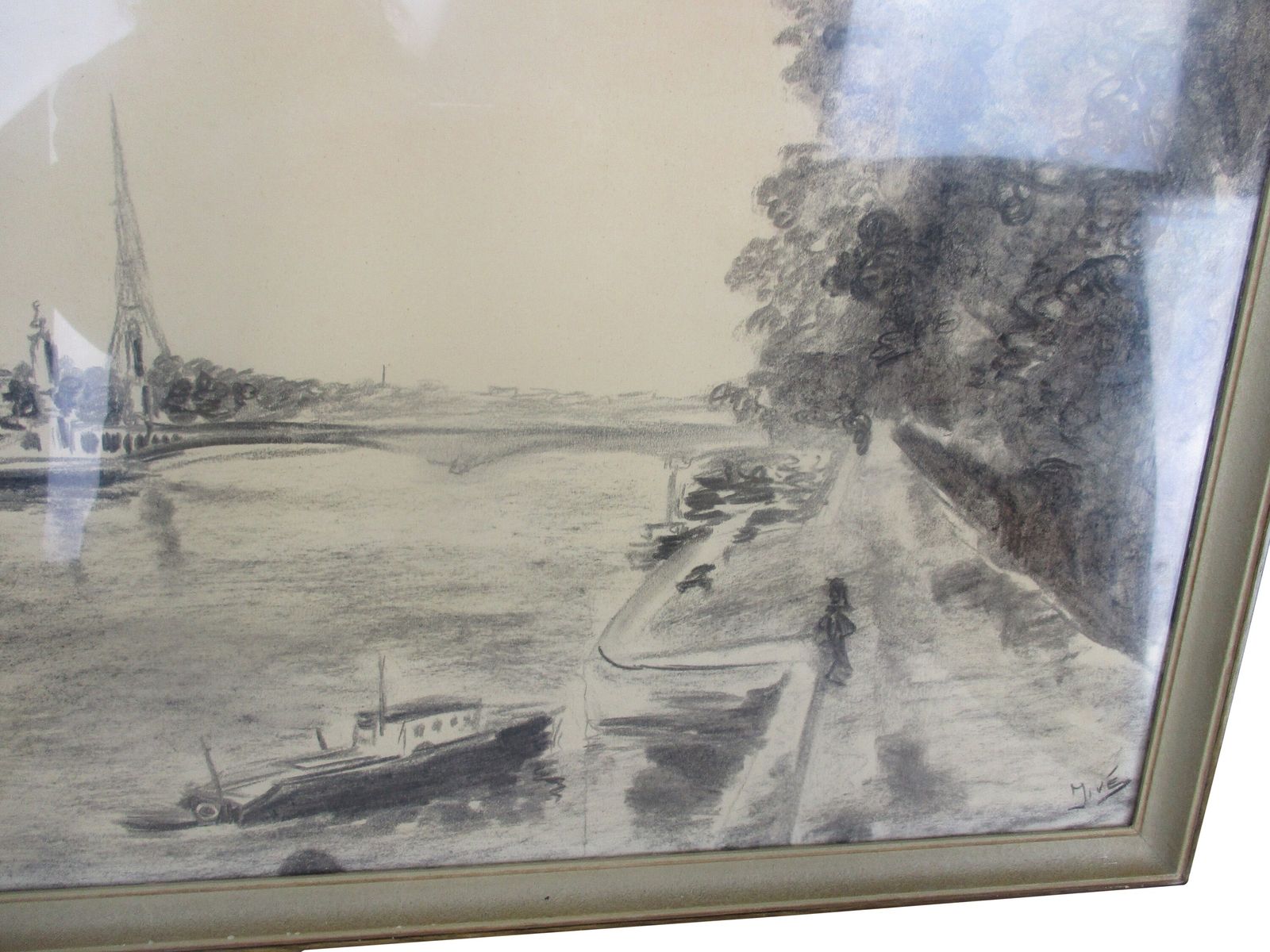 Lovely Framed Sketch Pencil Paris Seine Eiffel Tower Signed Jivé Wall Hanging photo Art