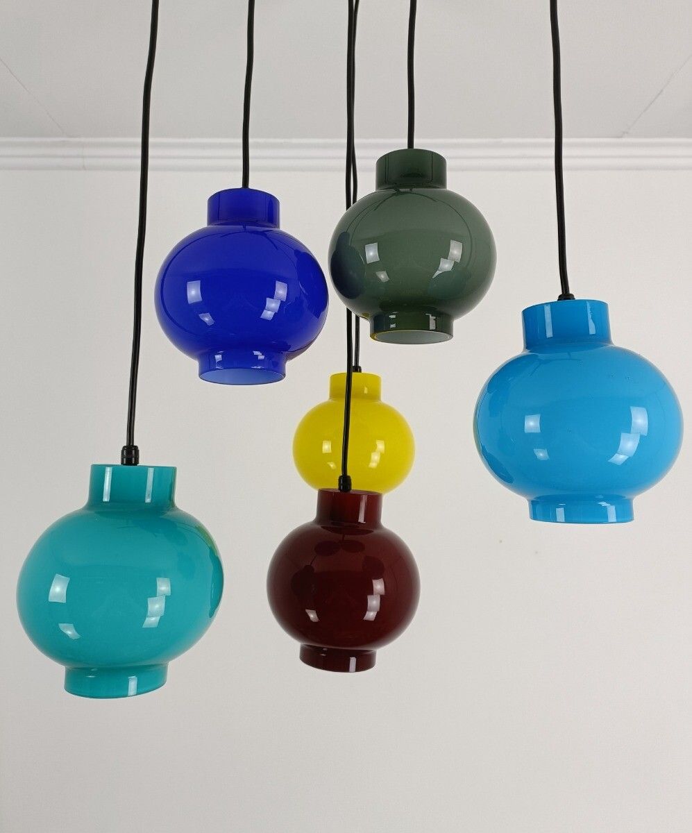 Italian Design Cascase Chandelier Fixture Mixed Colored Glass Shades Attributed photo vinterior