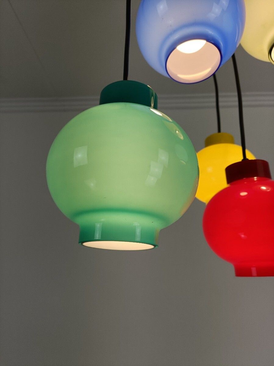 photo furniture Italian Design Cascase Chandelier Fixture Mixed Colored Glass Shades Attributed