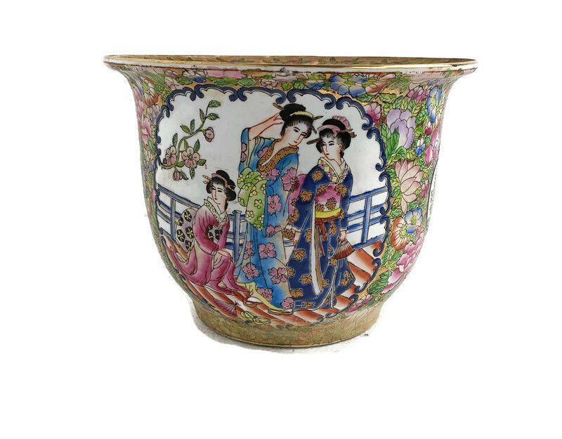 Vintage Chinese Porcelain Enamel  Koi Fish Bowl Planter Vase Cachepot Family R