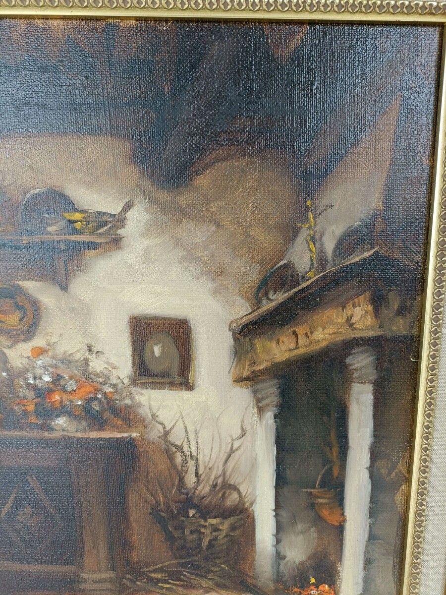Oil Painting On Canvas Signed Framed Wood Interior Barn House Gorgeous photo vinterior