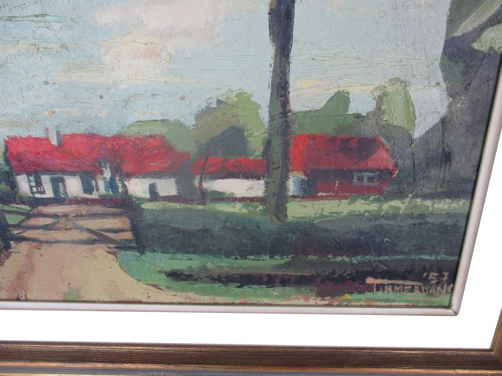 Oil Painting Canvas Framed Signed Timmermans 1957 Lovely Nostalgic Farm House photo for sale