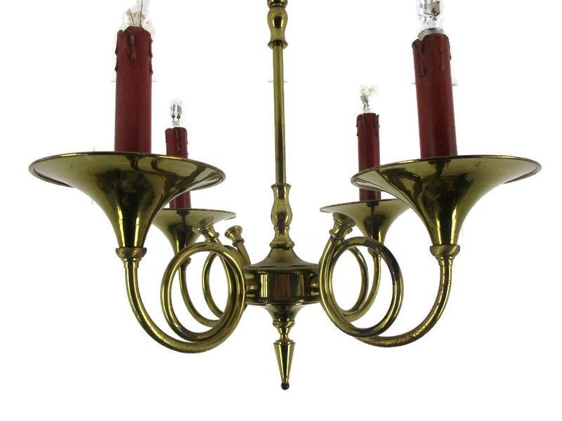 Trumpet Chandelier + Trumpet Wall Sconce Brass  4 Arms Hollywood Regency Set