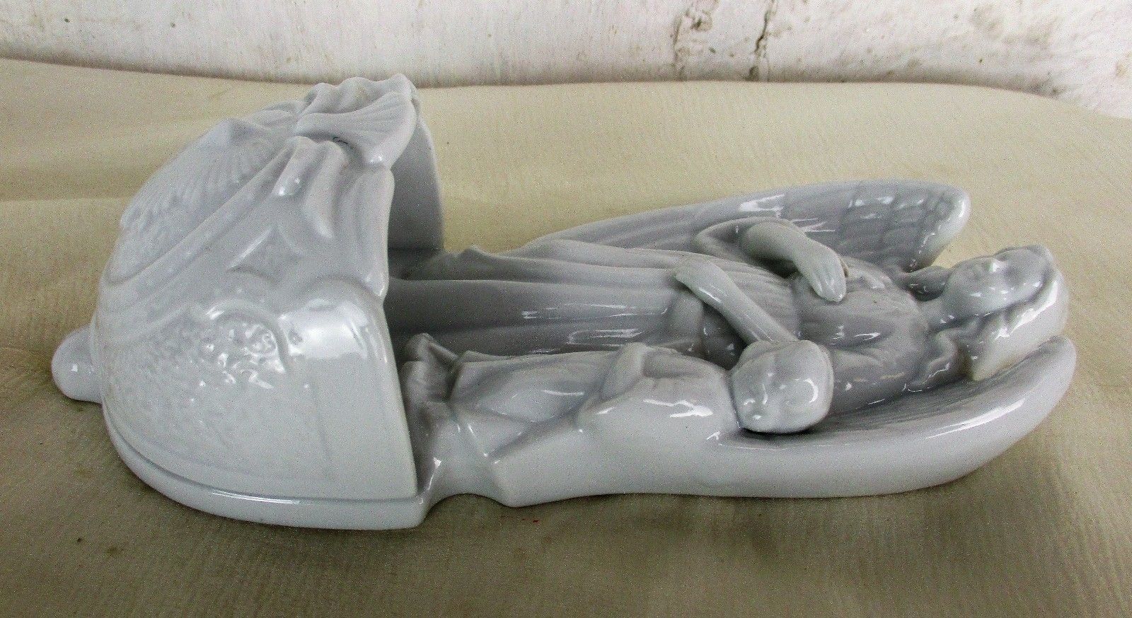 Large Antique French Holy Water Font Bisque Angel Infant Jesus Collector Htf photo vinterior