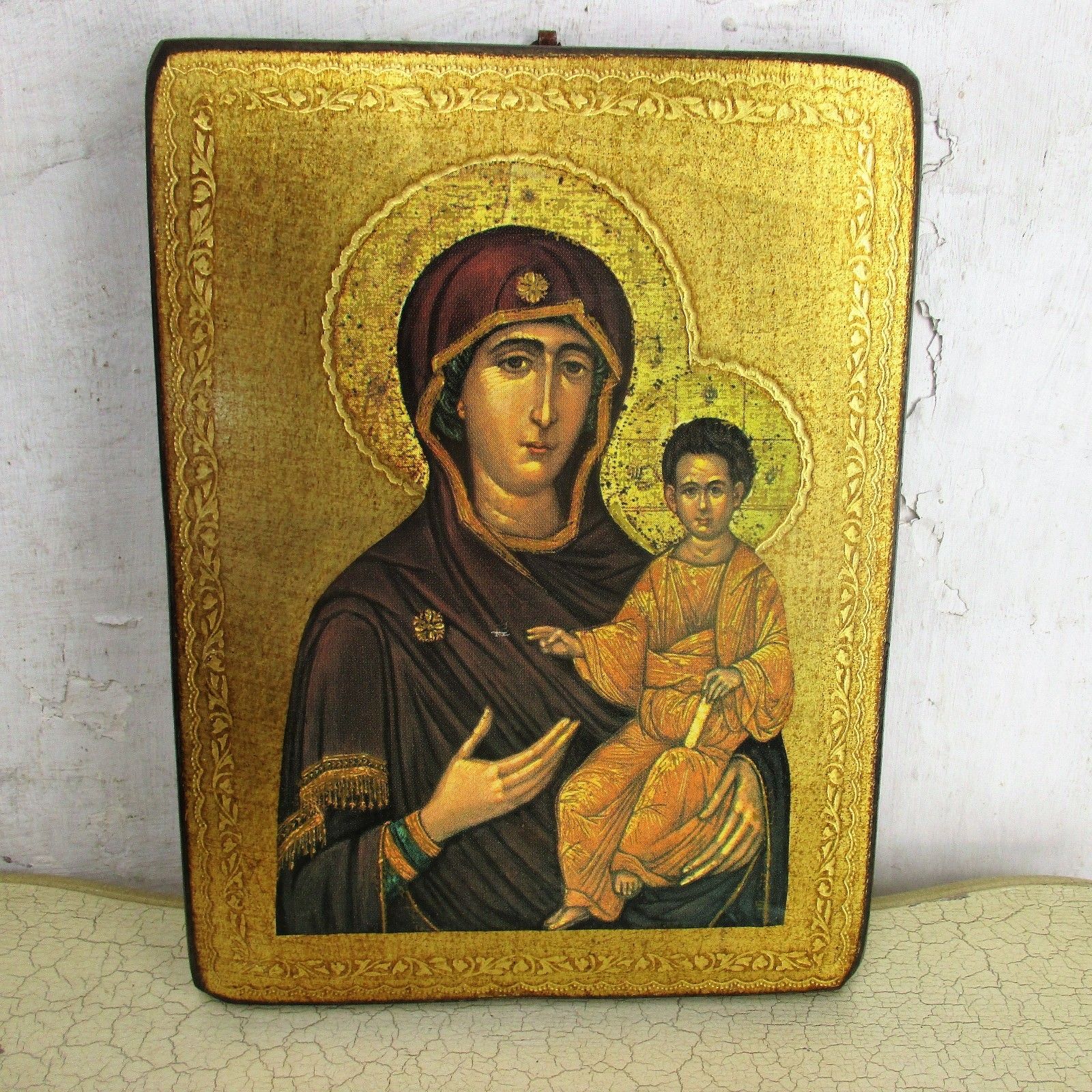 Vintage Florentine Wooden Icon Magnificat Paint Over Print Gold Relief Edge  Htf photo furniture