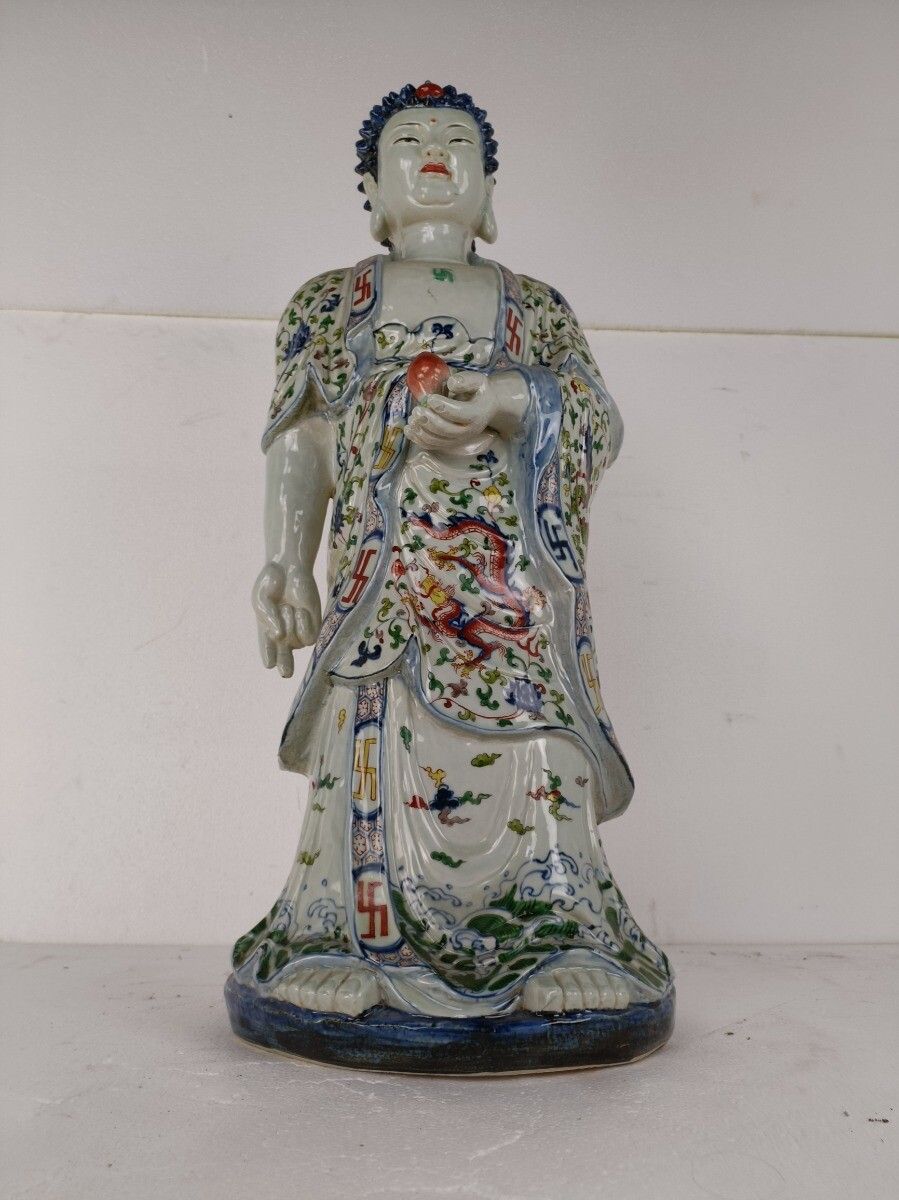 Xl Statue Porcelain Buddha Prosperity  Vintage Gorgeous Polychrome photo furniture