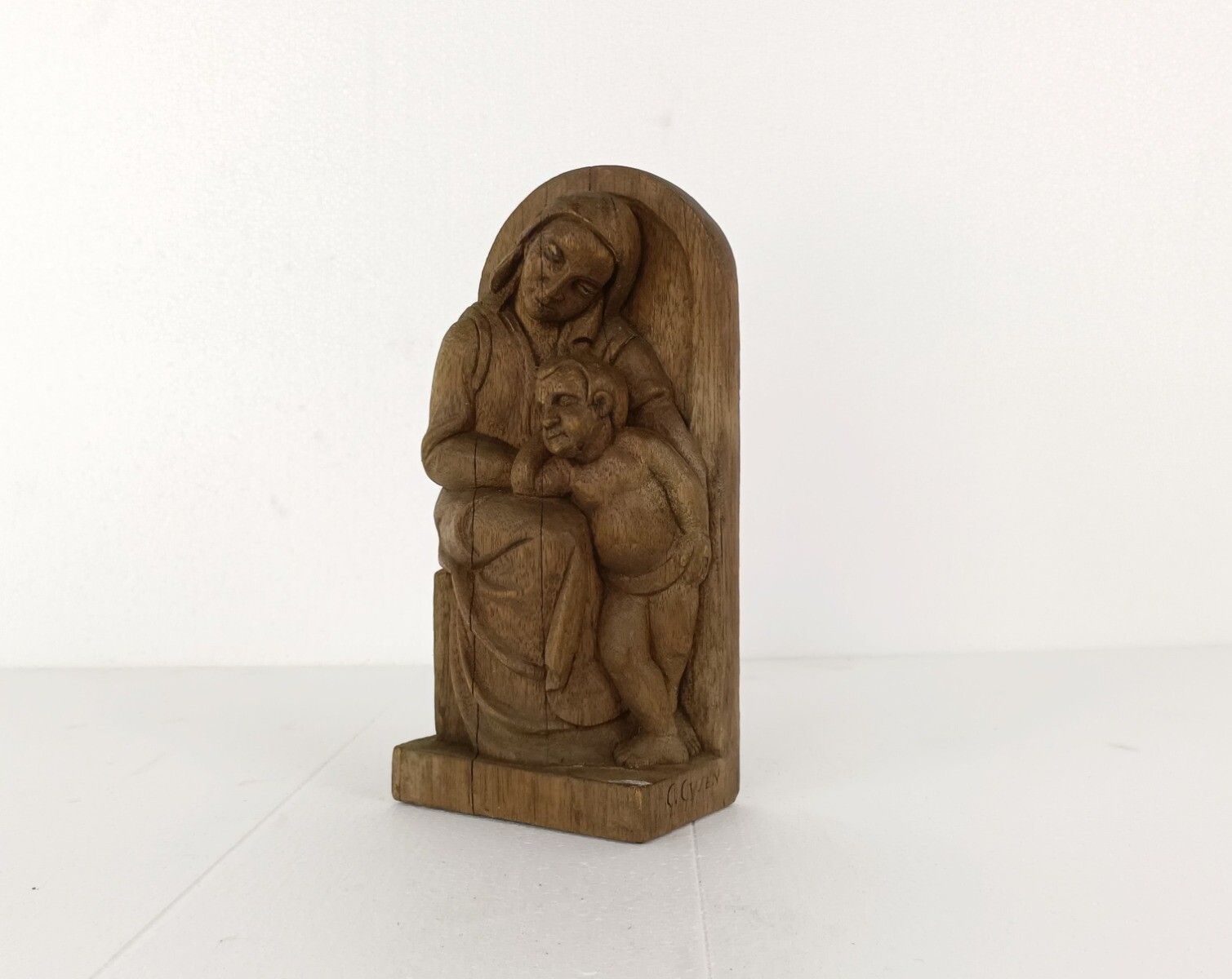 Sculpture Statue Figurine Hand Carved Wood Mother And Child Signed G Gysen photo furniture