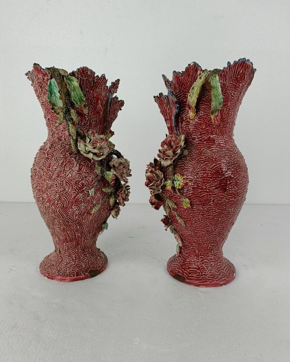 Pair Of 19th Century Barbotine Vases France Antique Majolica Adorned Flowers photo vinterior