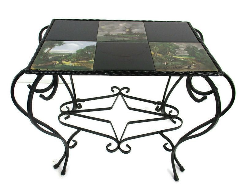Vintage Side Table Plant Stand Ceramic Tiles  Wrought Iron Legs Farmlife Scenes