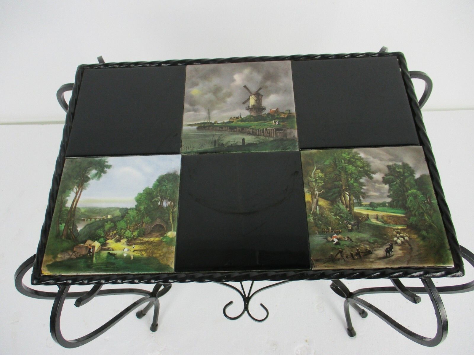 Vintage Side Table Plant Stand Ceramic Tiles  Wrought Iron Legs Farmlife Scenes photo Furniture