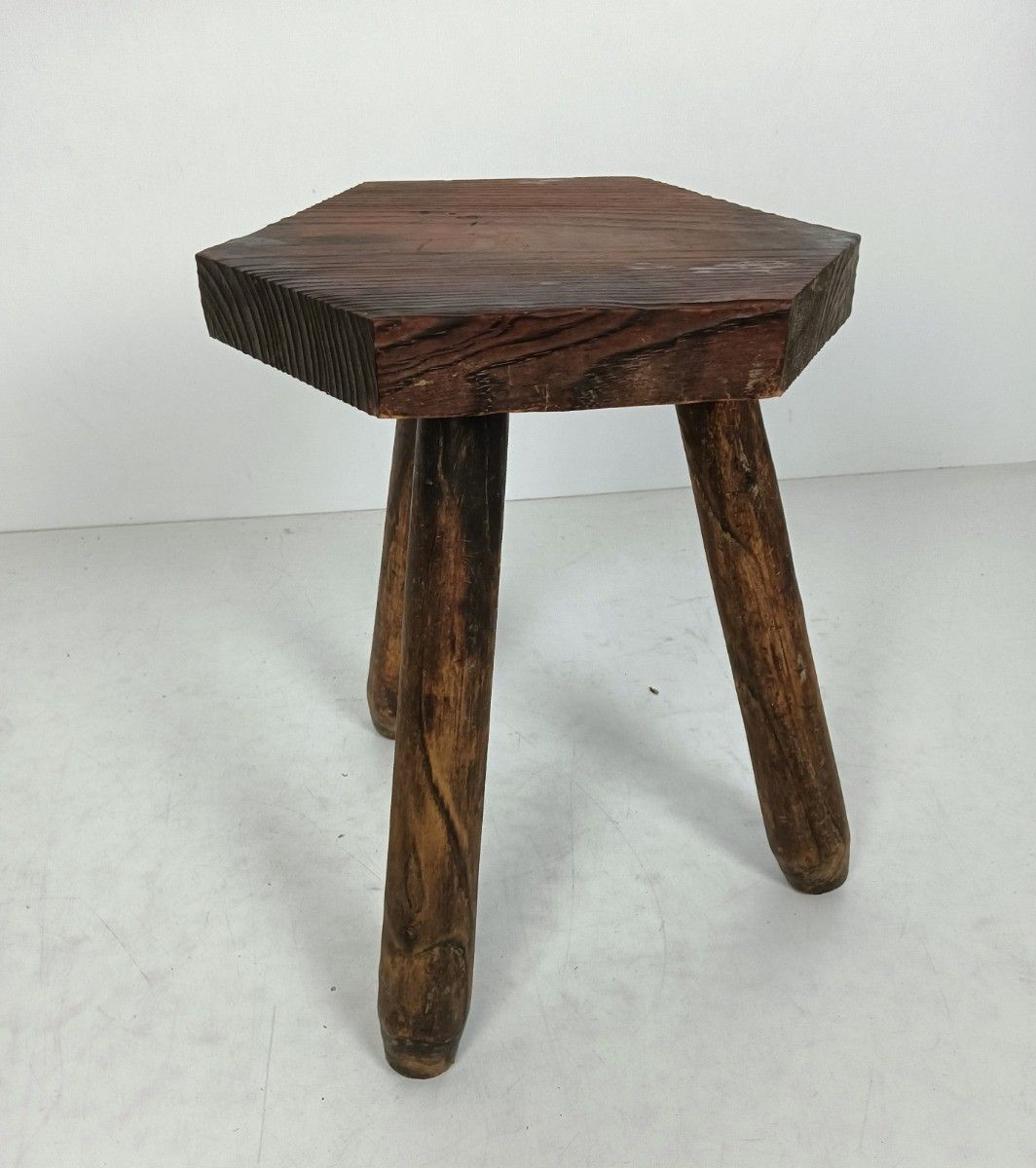 Milking Stool Carved Wood Vintage Side Table Plant Stand Pedestal Barn Farmhou photo for sale