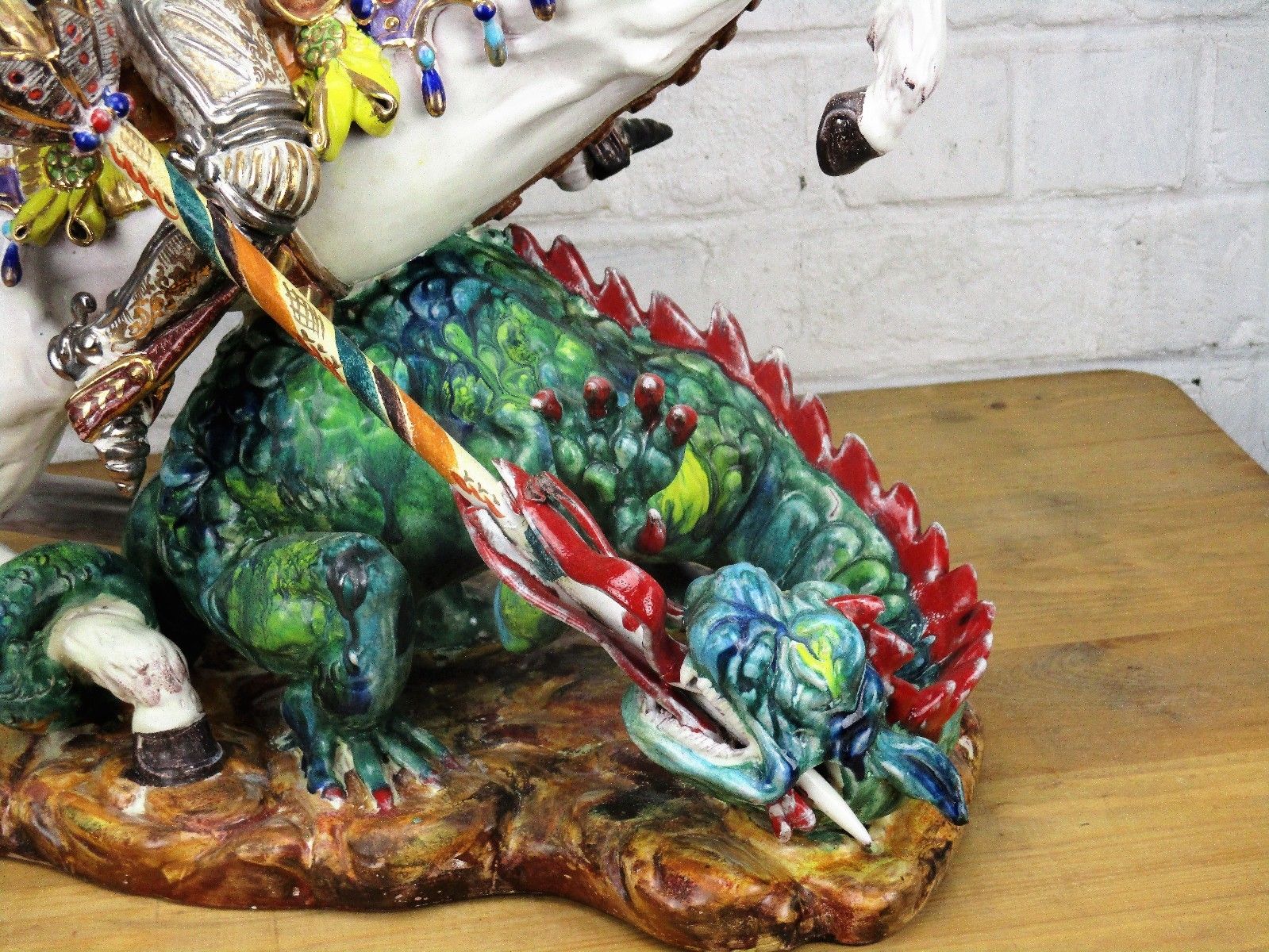 Large Gorgeous Statue Saint George Slaying Dragon Pattarino Marioni Terracotta photo for sale