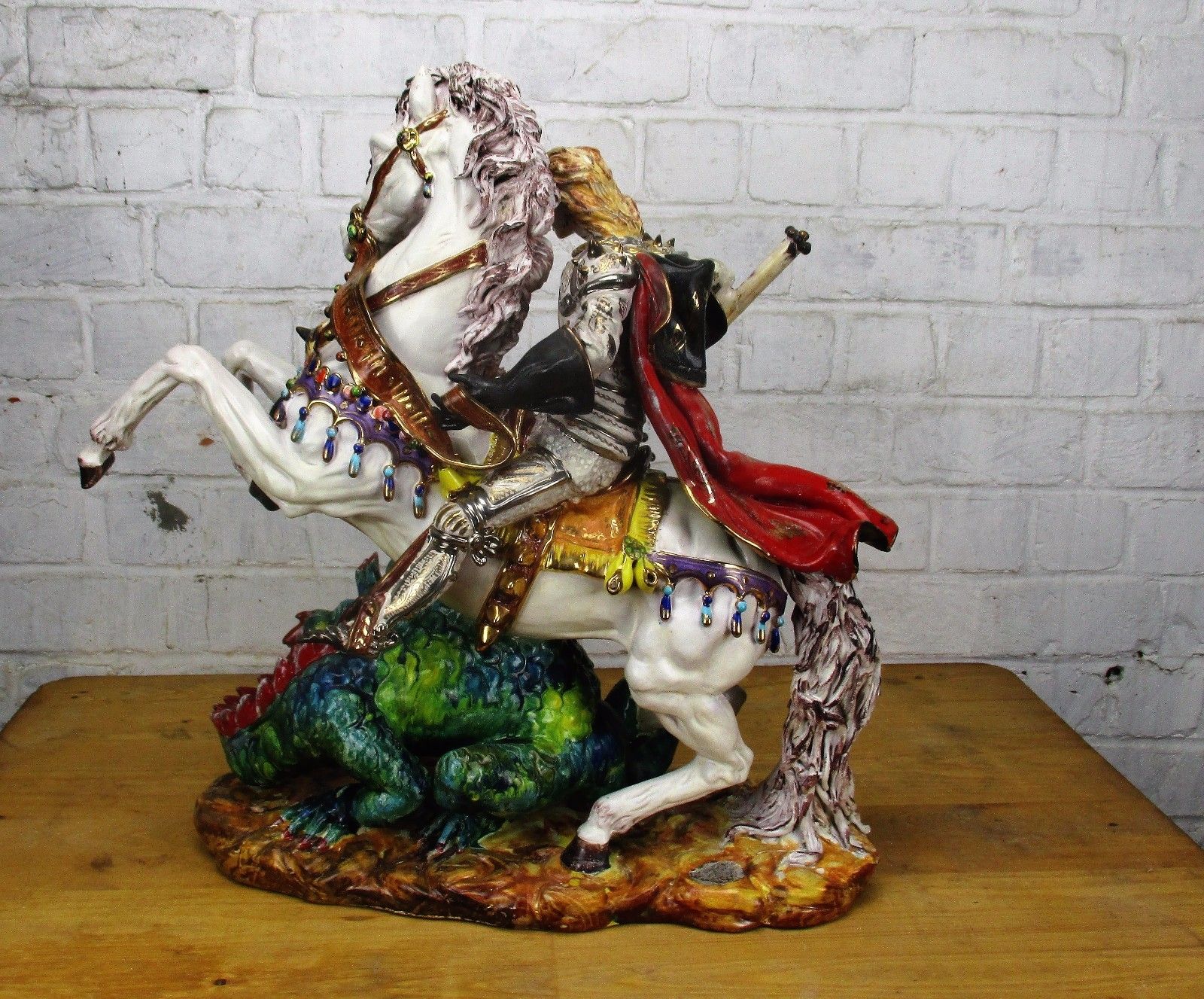 Large Gorgeous Statue Saint George Slaying Dragon Pattarino Marioni Terracotta photo vinterior
