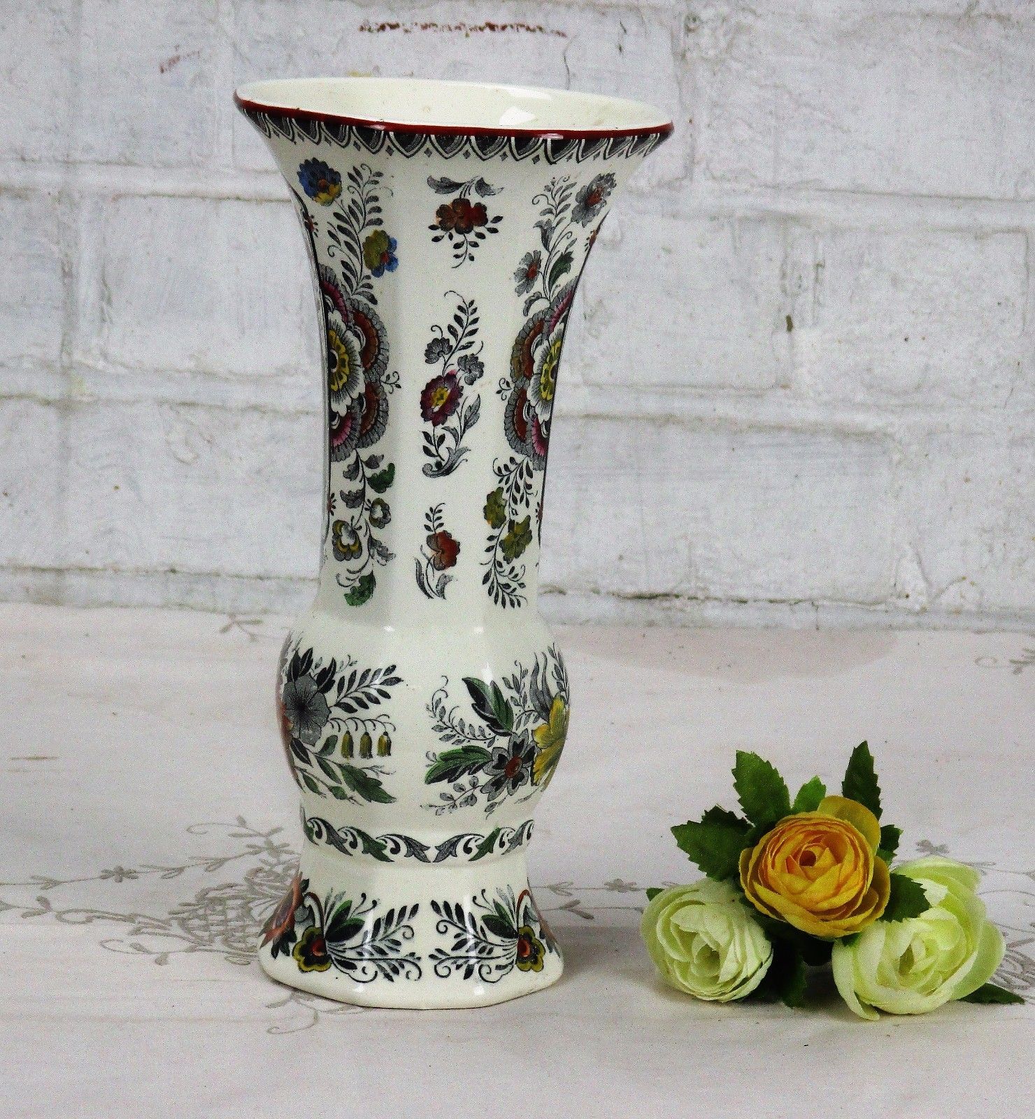 Maastricht Holland Rare Delft Polychrome Porcelain Vase Floral Design Birds photo furniture
