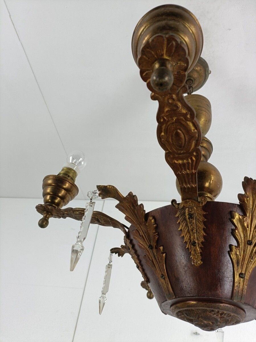 Art Deco Chandelier Carved Wood Ornate Brass Leafs Prisms 5 Arm Lights Beautiful photo vintage