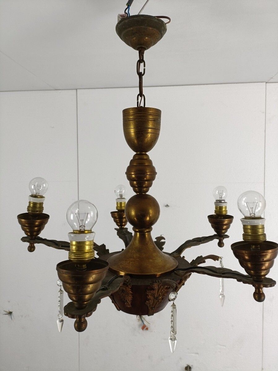 photo for sale Art Deco Chandelier Carved Wood Ornate Brass Leafs Prisms 5 Arm Lights Beautiful