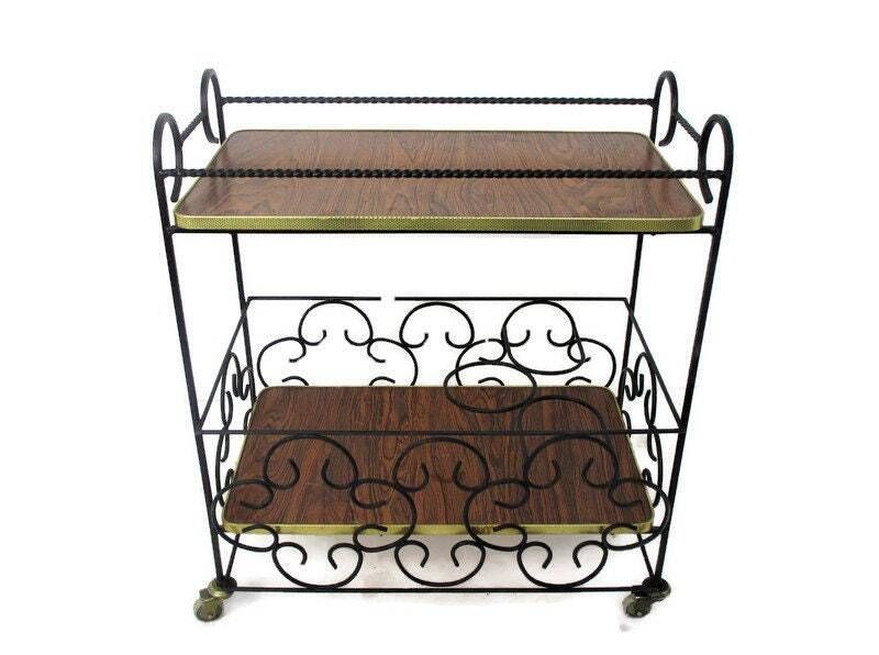 Bar Cocktail Tea Cart Trolley Mid Century Modern Kitchen Island Wood Veneer Wrou
