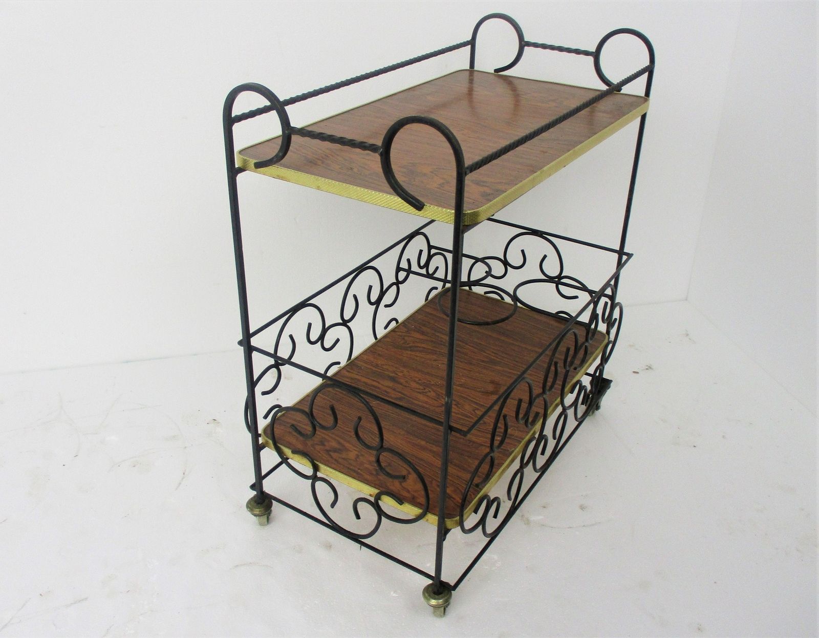 Bar Cocktail Tea Cart Trolley Mid Century Modern Kitchen Island Wood Veneer Wrou photo vinterior