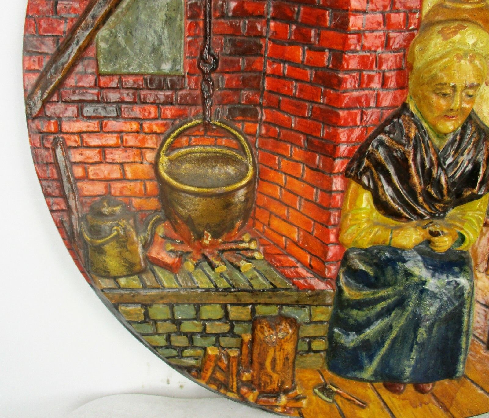 Large Charger Wall Plate Plaster Old Lady Interior Polychrome Colorful Folk Art photo vinterior