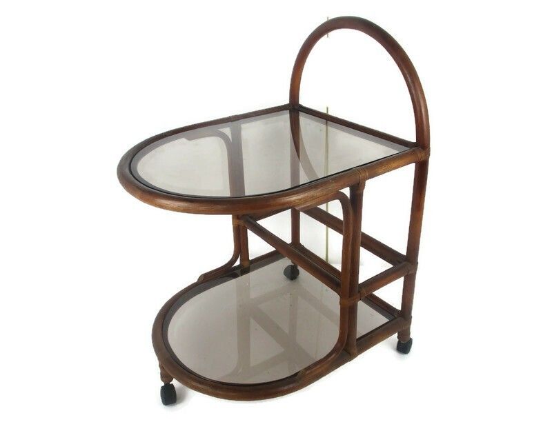 Bamboo Rattan Bar Cocktail Tea Garden Cart Kitchen Trolley Smoked Glass