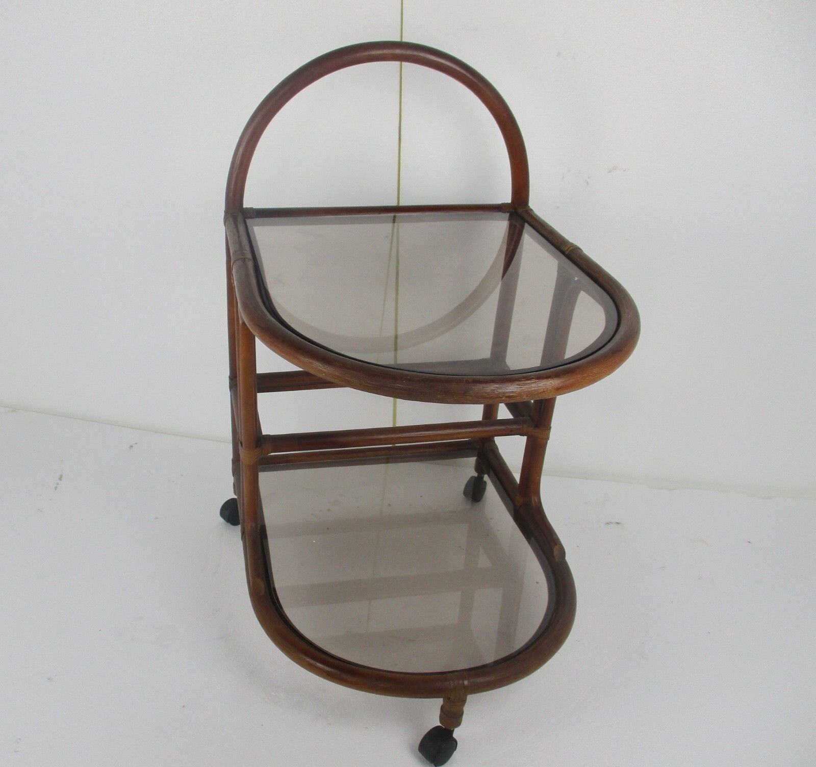 Bamboo Rattan Bar Cocktail Tea Garden Cart Kitchen Trolley Smoked Glass photo for sale
