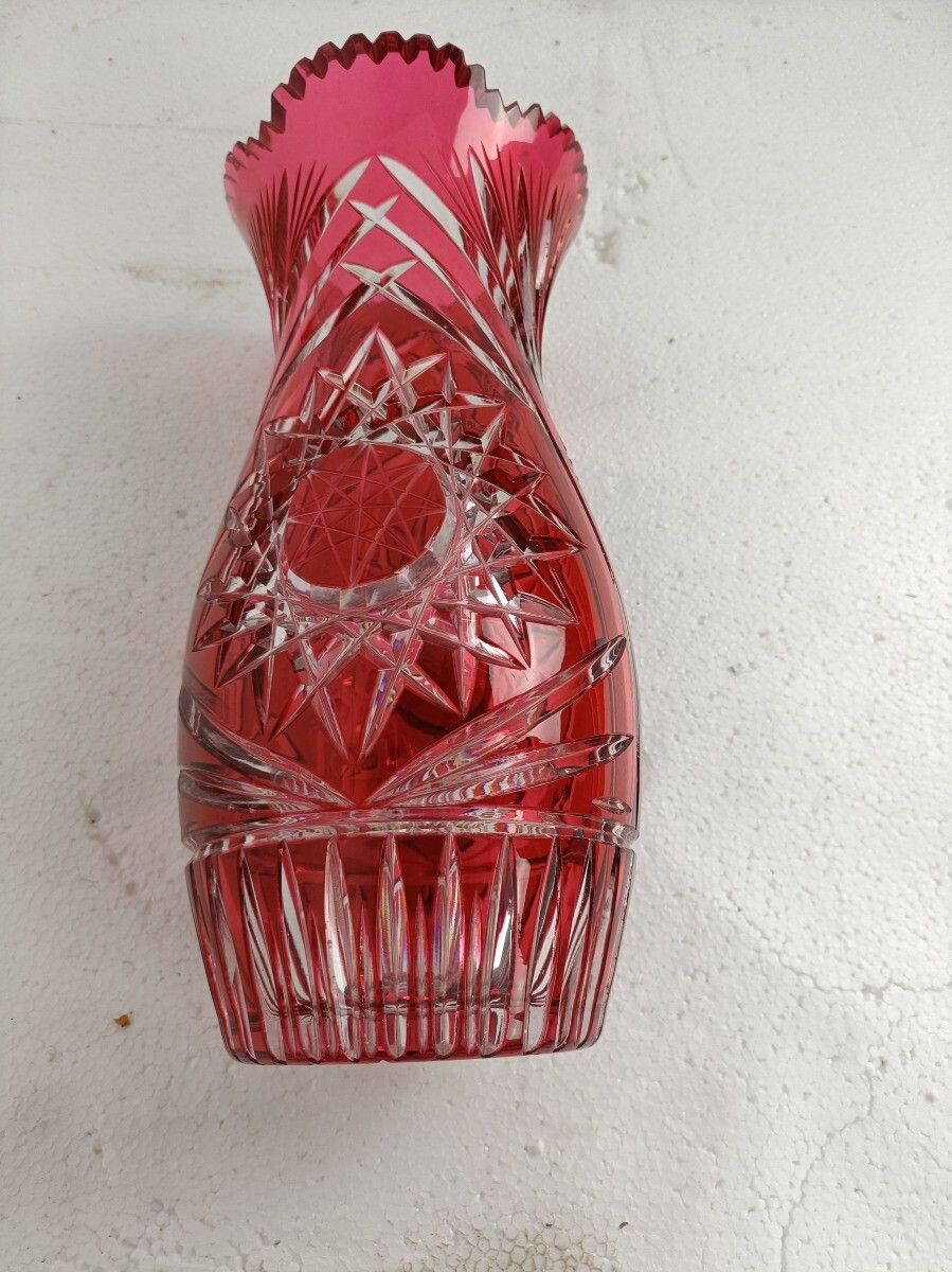 Crystal Ruby Red Cranberry Clear To Cut Bowl Vase Dot Star Beautiful  Vsl Style photo 162.0